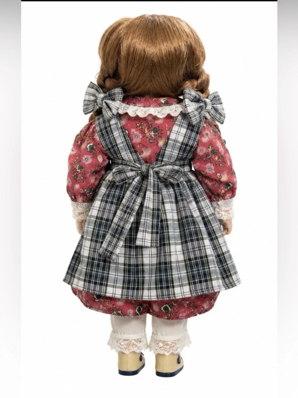 Porcelain Girl Doll in Pink Floral Dress with Plaid Apron